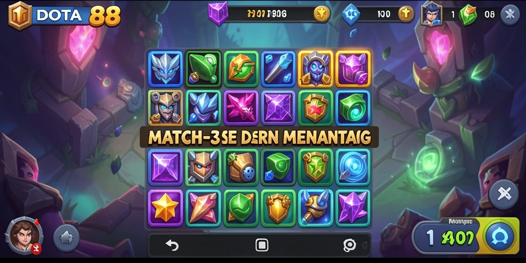 Menampilkan gameplay seru DOTA88 Match-3 yang menantang.