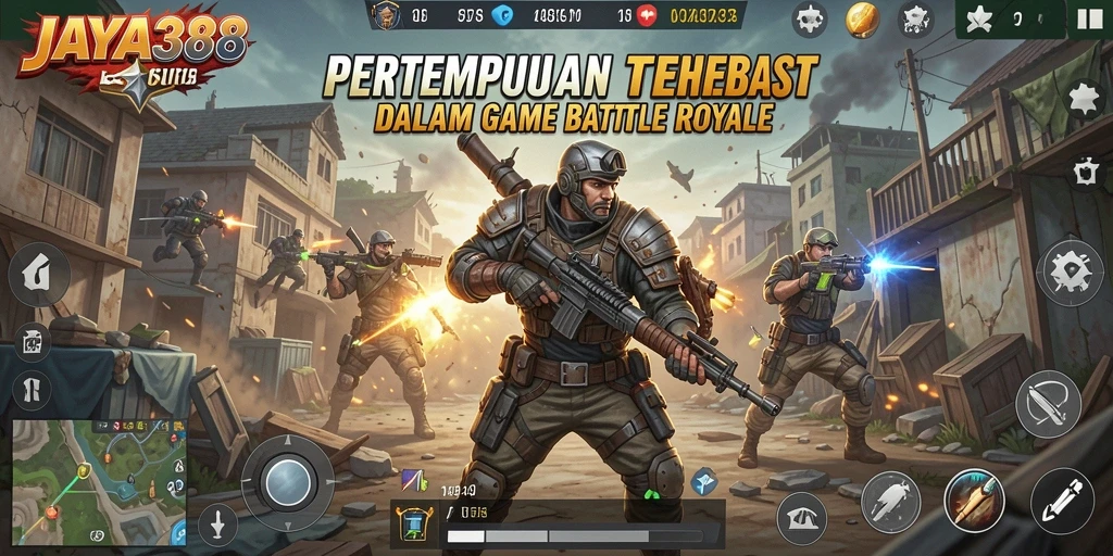 Tampilan gameplay JAYA388 dalam aksi pertempuran intens Battle Royale.