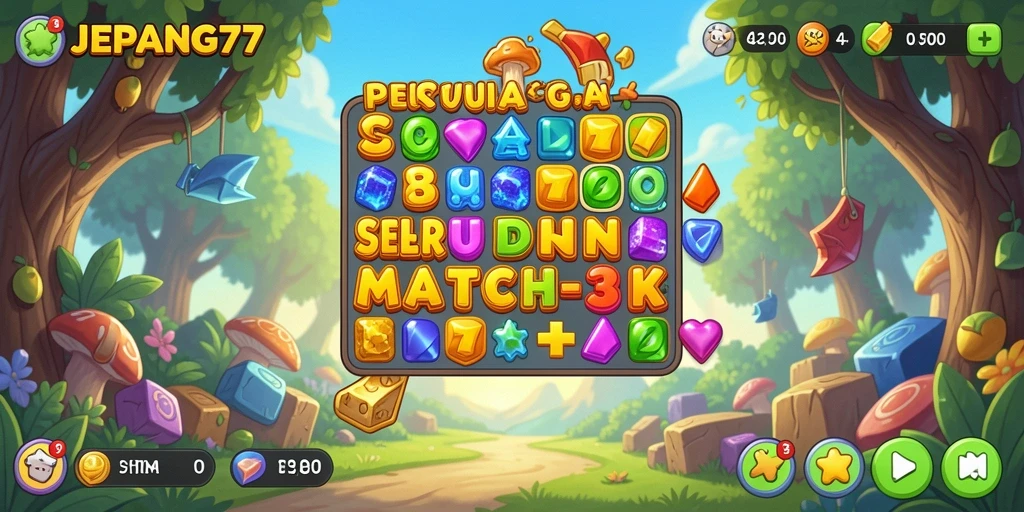 Tampilan gameplay seru dari JEPANG77 dengan elemen match-3 yang berwarna-warni.