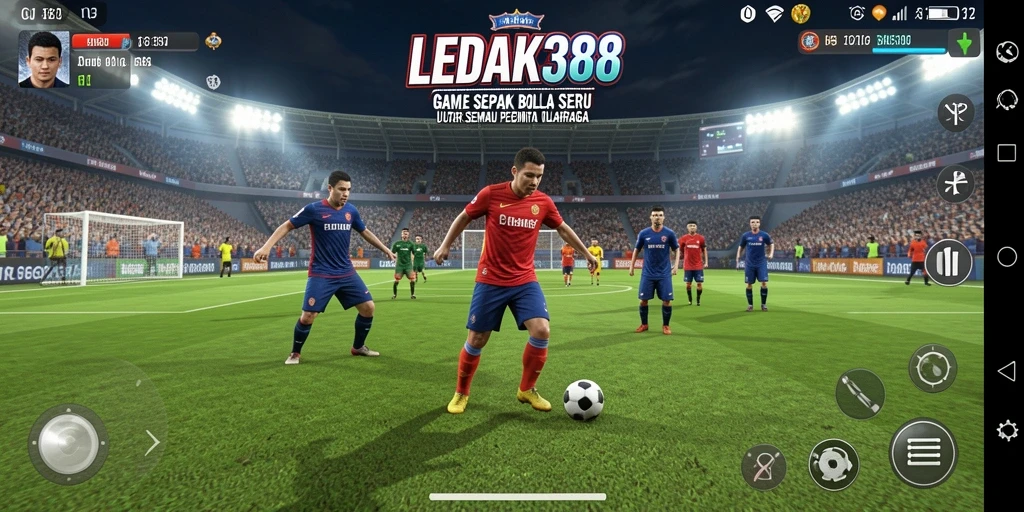 Tampilan gameplay LEDAK388 menampilkan aksi sepak bola yang mendebarkan.