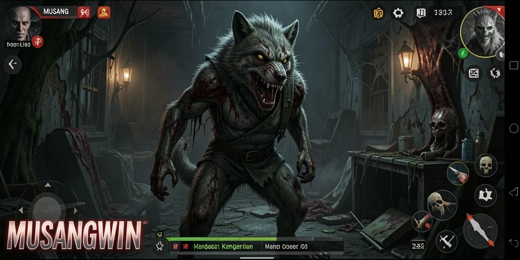 Screenshot gameplay menakutkan dari MUSANGWIN yang menampilkan suasana Horror.