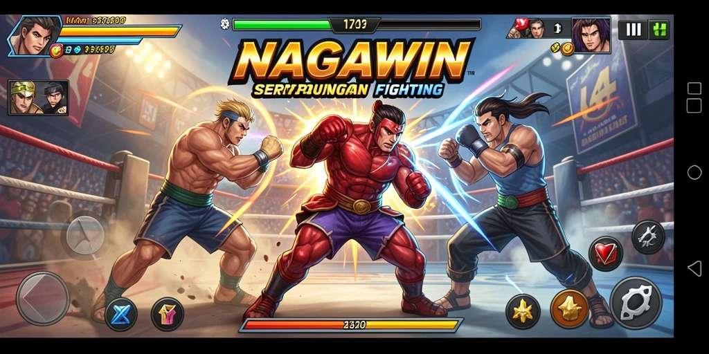 Screenshot gameplay NAGAWIN menunjukkan aksi pertarungan yang mendebarkan.