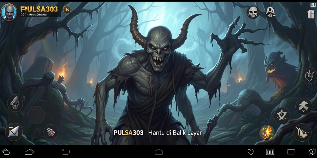 Screenshot gameplay PULSA303 saat pemain menjelajahi ruangan angker yang gelap.